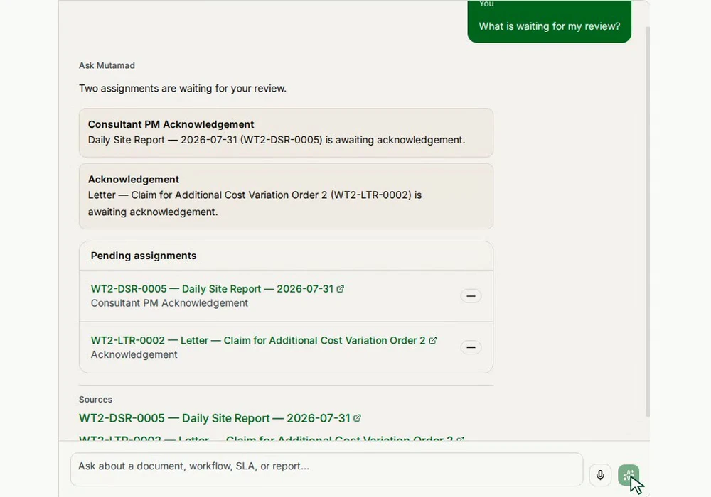 A real Ask Mutamad answer identifying pending review assignments and linking to the supporting records, using demo data.