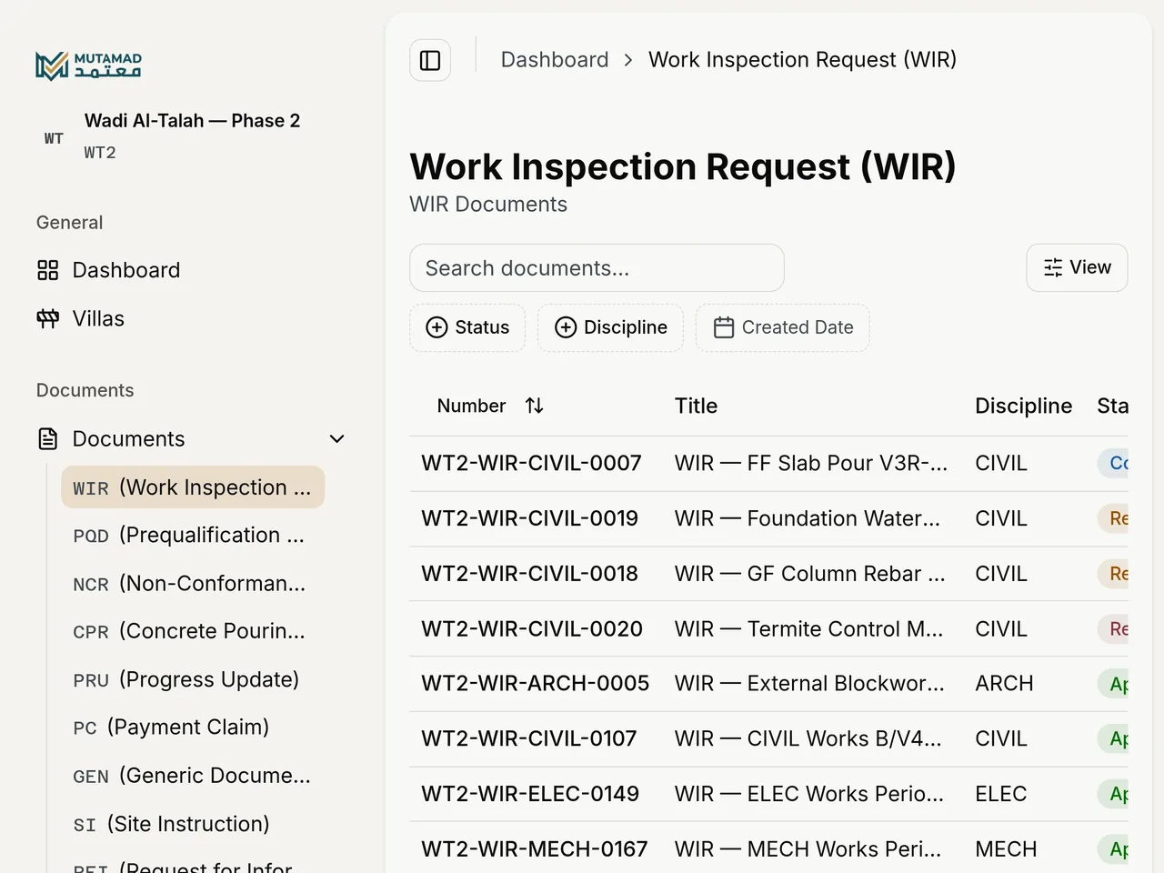 Mutamad document registry — inspection requests with response codes