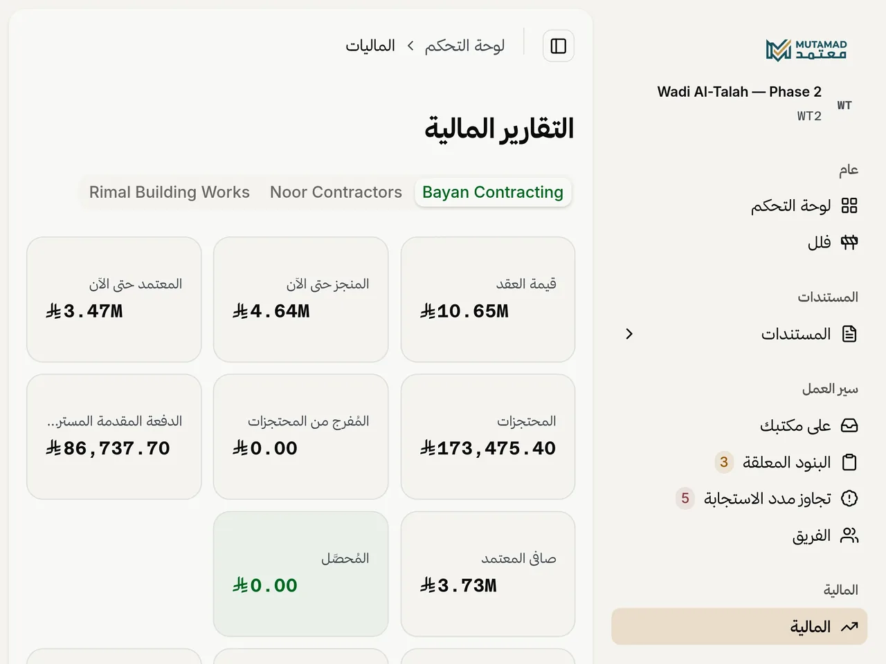 شاشة الماليات في معتمد — المستخلص