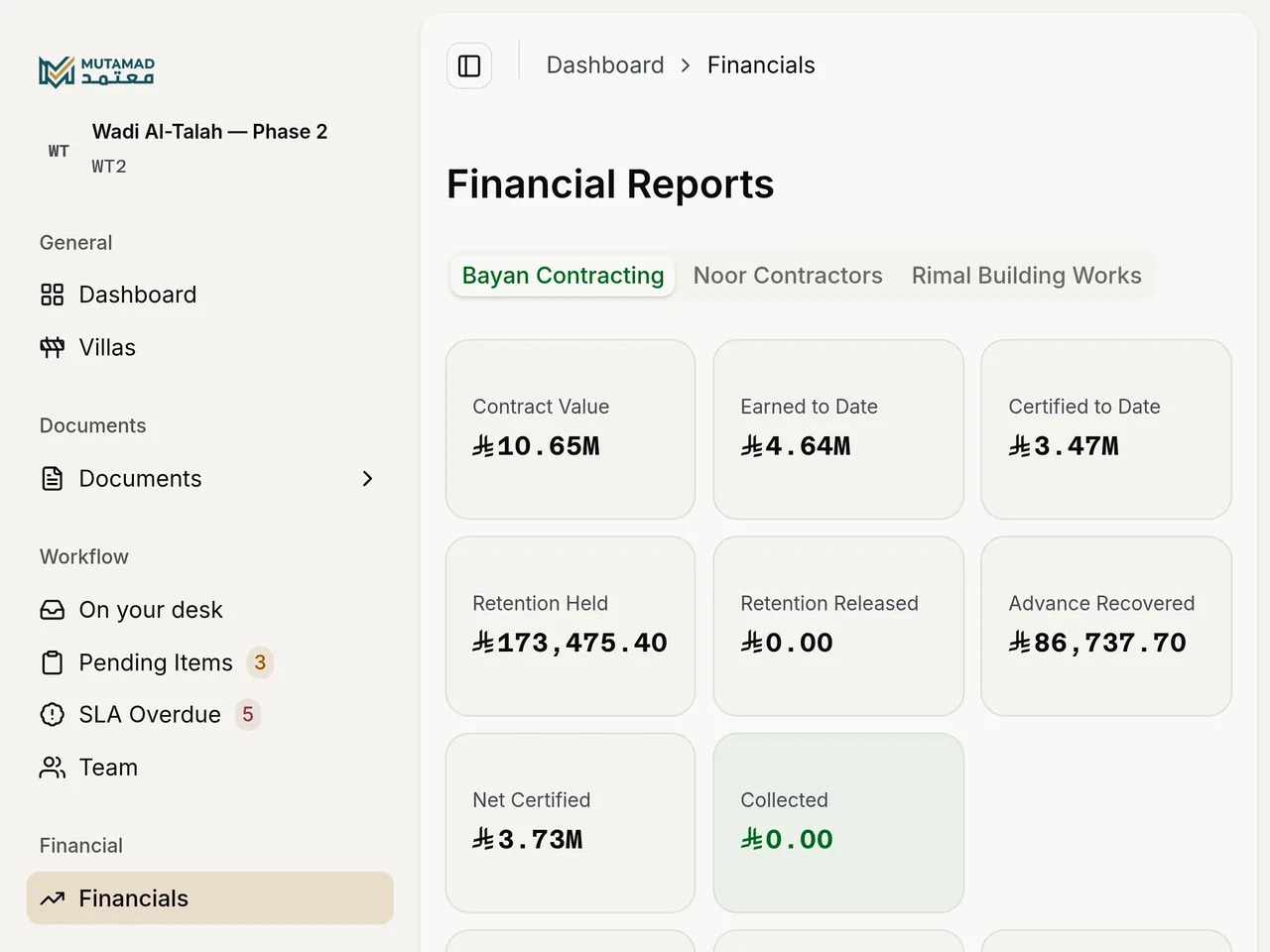 Mutamad financials screen — payment claim